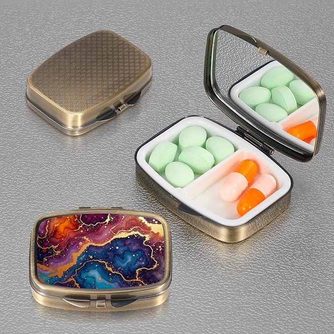 Dynippy Pill Case Pill Box with Mirror Retro Pocket 2 Compartment Medicine Case Vitamin Pill Organizer for Pocket Purse and Travel (A-Marble Ripple)