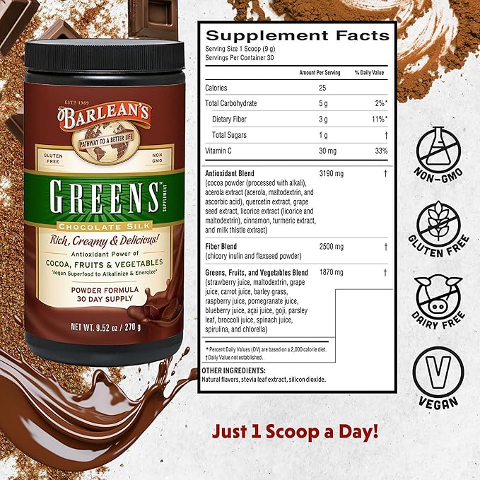 Barlean's Chocolate Greens Powder, Daily Fruit and Vegetable Superfood Supplement, Green Antioxidant Blend and Fiber Smoothie Drink Mix, 9.52 oz
