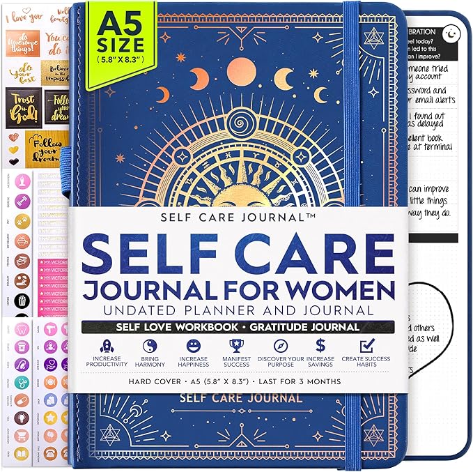 Self Care Journal - 5 Minute Mental Health & Manifestation Journal | 90-Day Undated Daily Planner for Positivity, Affirmations & Gratitude | Guided Mindfulness, Reflection | Vision Board + Stickers