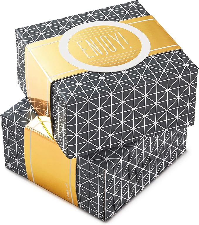 Hallmark Small Gift Boxes with Wrap Band (2-Pack: Gray Geometric, Gold "Enjoy!") 4 inch Boxes for Weddings, Graduations, Engagements, Birthdays, Housewarmings, Wrapped Treats and Cookies