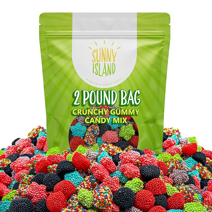 Crunchy Gummy Candy Mix | 2 Pound Bag | Rainbow Nonpareils Bears, Berries, Star Shaped Chewy Clusters | Gummy Mix for Kids' Party Favors | Fruity and Sour Flavors