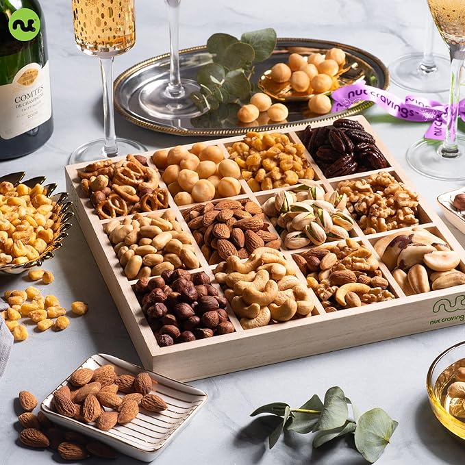 NUT CRAVINGS Gourmet Collection - Thinking of You, Nuts Gift Basket with Thinking of You Ribbon + Greeting Card in Reusable Wooden Tray (12 Assortments) Food Arrangement Healthy Snack Food Assortments