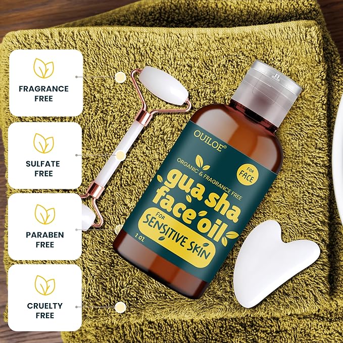 Gua Sha Oil for Sensitive Skin - Face Oil Gua Sha Massage - Lymphatic Anti Aging Facial Massage Oil - Safe for Acne Prone Skin, Non Comedogenic, Fragrance Free, Natural & Non Greasy, 2oz
