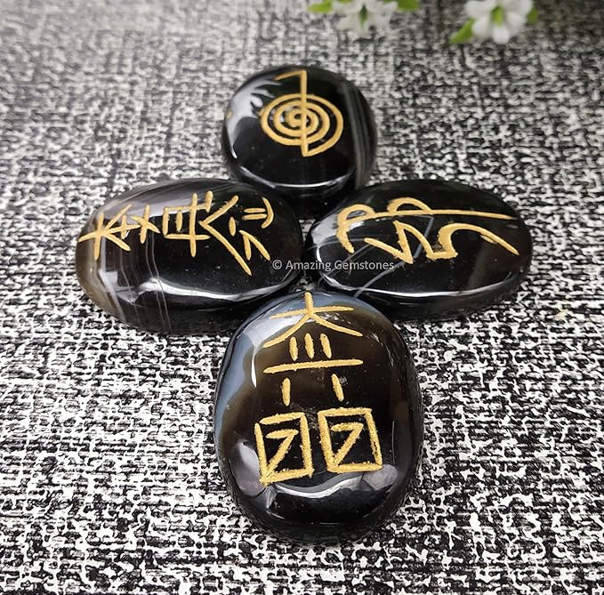 Amazing Gemstone Sulemani Agate Crystal Reiki Stones with Engraved Symbols for Usui Reiki Healing, Set of 4 Pcs (Indian Handmade Reiki Gift Set)