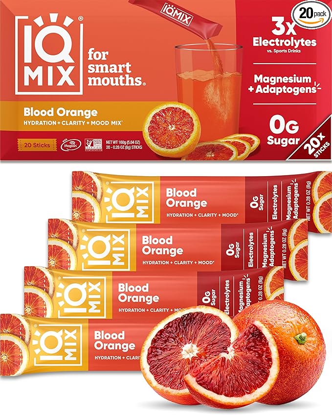 IQMIX Hydration Electrolyte Powder – 4-in-1 Formula for Hydration, Mental Clarity, Mood and Recovery – Sugar-Free Drink Mix, Keto, Magnesium L-Threonate, Lion’s Mane – 20 Count Blood Orange