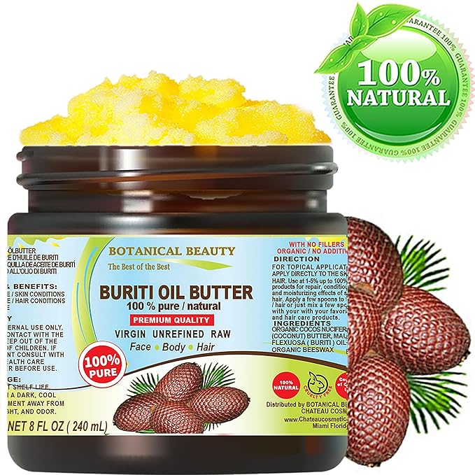 Botanical Beauty BURITI FRUIT OIL BUTTER Pure Natural Virgin Unrefined RAW for FACE, SKIN, BODY, DAMAGED HAIR, NAILS. Natural sources of vitamin C and vitamin E (8 Fl Oz)