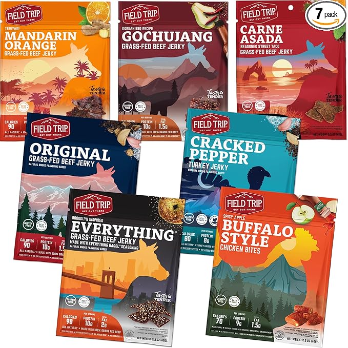 Field Trip Turkey, Chicken, and Beef Jerky Variety Pack, Healthy Gluten Free Snacks, All Natural, Paleo-Friendly Meat Snacks with No Nitrates, Low Carb, High Protein Snacks, 2.2 Ounce Bag, 7 Pack