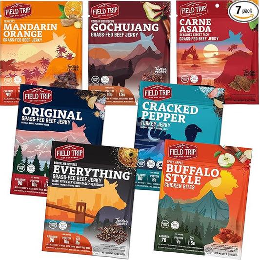 Field Trip Turkey, Chicken, and Beef Jerky Variety Pack, Healthy Gluten Free Snacks, All Natural, Paleo-Friendly Meat Snacks with No Nitrates, Low Carb, High Protein Snacks, 2.2 Ounce Bag, 7 Pack