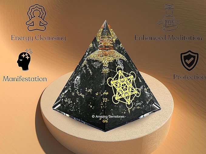 Amazing Gemstone Organite Orgone Pyramid Extra Large 105 MM - Metatron Cube Orgone Energy Pyramid with Black Tourmaline Crystals and Healing Stone - Orgonite Pyramids Crystals and Positive Energy