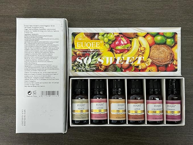 EUQEE Premium Fruit Fragrance Oils Gift Set for So Sweet - 6x10ml-Strawberry, Cherry, Litchi, Apple, Mango, Peach - Scented Essential Oils for Diffuser, Candle Making