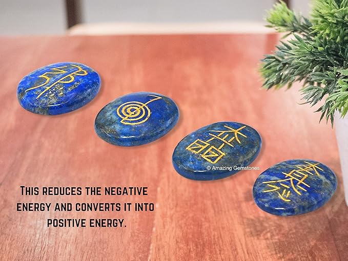 Amazing Gemstone Lapis Lazuli Crystal Reiki Stones with Engraved Symbols for Usui Reiki Healing, Set of 4 Pcs (Indian Handmade Reiki Gift Set)
