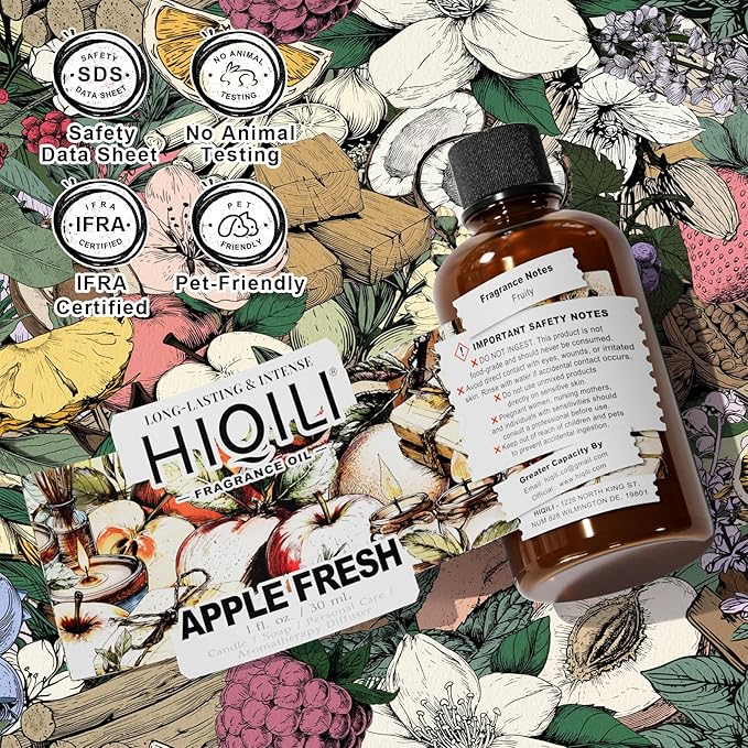 HIQILI Apple Fresh Fragrance Oil for Home Diffuser, Candles, Soaps, Bath Bombs & Perfume Making, Long-Lasting Fruity Scent - 1 Fl Oz