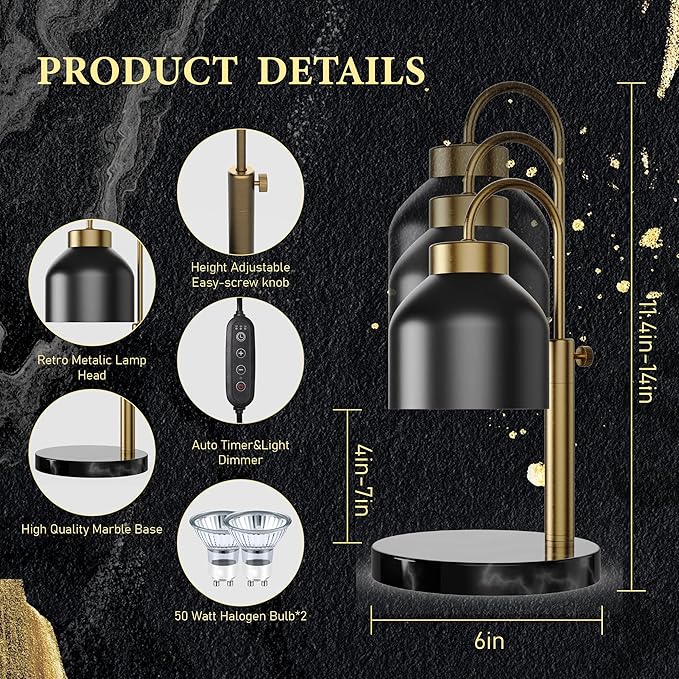 Candle Warmer Lamp, Mother's Day Gifts,with 2 Bulbs,Timer & Dimmer,Compatible with Large Yankee Candle Jars,3 Wick Candles,Height Adjustable Electric Top Melter,110-120v, (Black Marble)