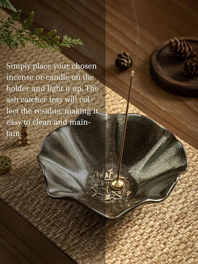 4 in 1 Incense Burner 6 Inch Inscents-Sticks Holder, Lotus Incense Holder for Sticks, Insence Burner with 3 Incense Sockets for Meditation, Yoga, Home Decor, Black and Brown