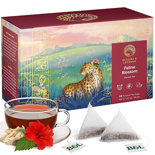 Blooms & Leopard Premium Herbal Tea Bags – Feline Blossom Blend with Hibiscus, Licorice, Fennel, Tulsi & Shatavari – Caffeine-Free Tea – 20 Pyramid Tea Bags, Caffeine-Free for Hot or Iced Tea