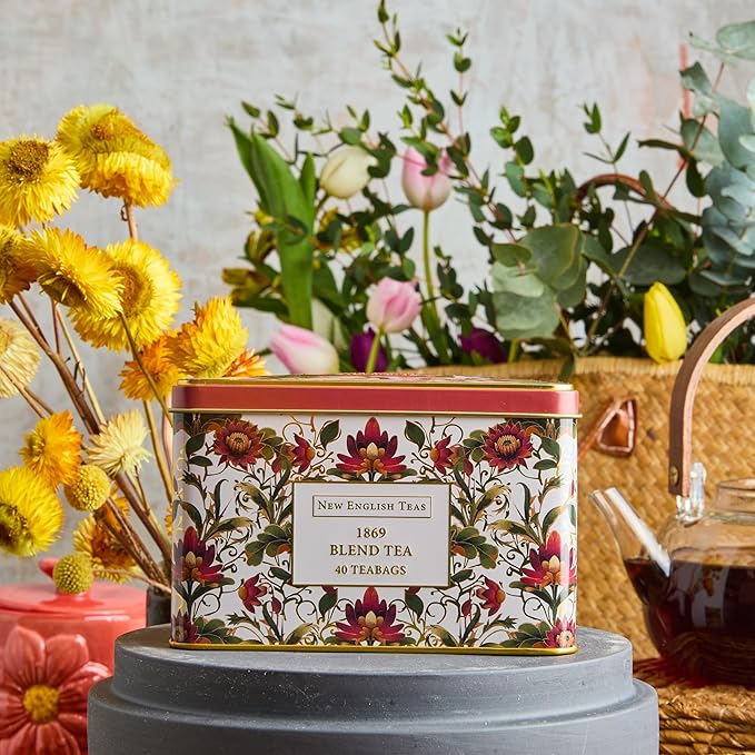 New English Teas Victorian Lotus Flower Tea Tin with 40 Traditional 1869 Blend Teabags, Inspired by Embroidery & Textile Designs