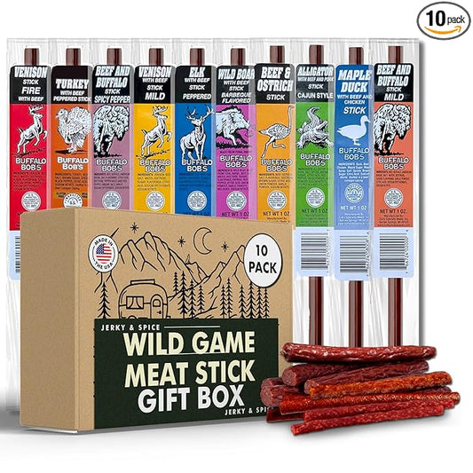 Jerky-n-Spice Wild Game Meat Sticks (10-Pack) | Ultimate Exotic Snacks | Beef Jerky Gifts for Men | Delicious Jerky Variety Pack Ideal for Anniversary, Camping, Hunting & Birthday Events