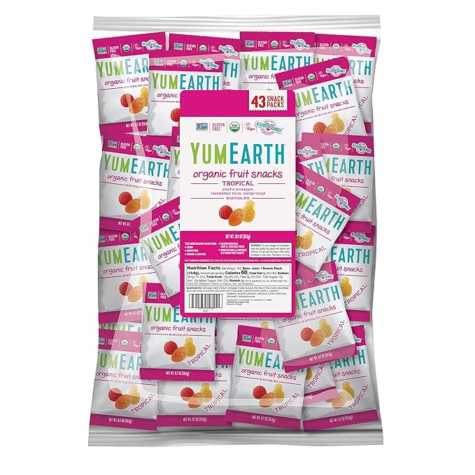 YumEarth Organic Tropical Flavored Fruit Snacks, 43ct- 0.7oz Snack Packs, Allergy Friendly, Gluten Free, Non-GMO, Vegan, No Artificial Flavors Or Dyes
