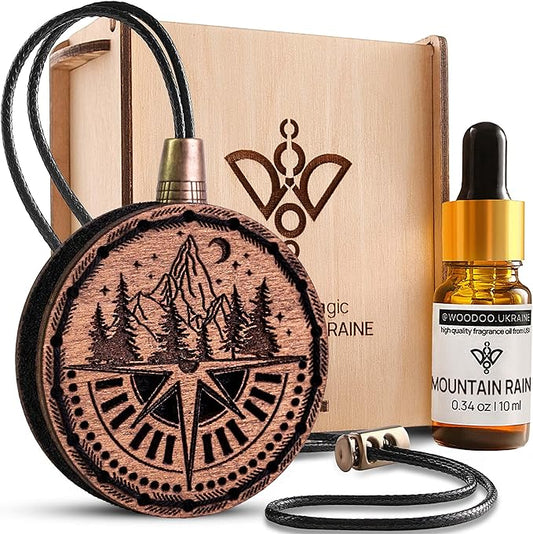 Wood Car Air Freshener — Handmade Car Air Freshener — Compass Mountains Designed Fragrance Oil Diffuser in Wooden Gift Box — Aromatherapy Set with Mountain Rain Fragrance Oil - 10 ml