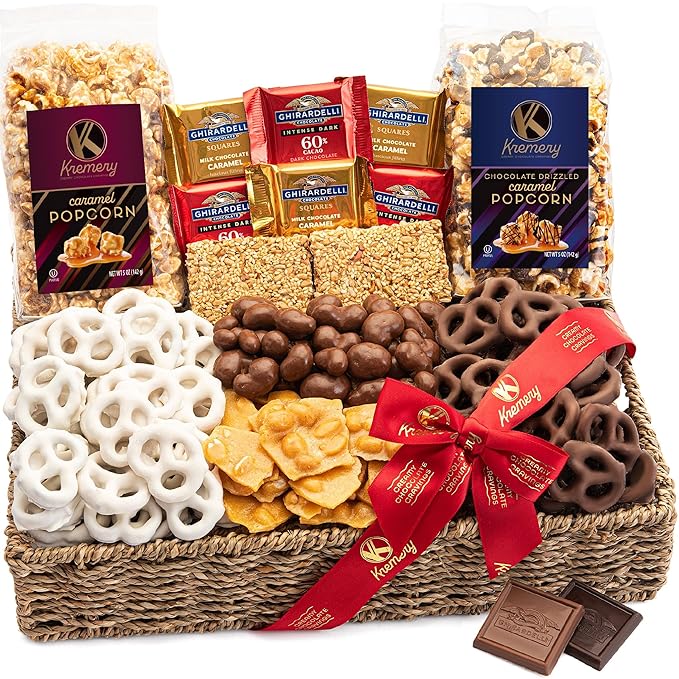 KREMERY Creamy Chocolate Cravings - Diwali Sweets Hamper Chocolate Covered Pretzels & Caramel Popcorn Gift Basket, in Seagrass Tray + Ribbon (Deluxe, 3.5 lbs) Food Arrangement