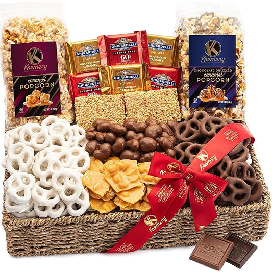 KREMERY Creamy Chocolate Cravings - Diwali Sweets Hamper Chocolate Covered Pretzels & Caramel Popcorn Gift Basket, in Seagrass Tray + Ribbon (Deluxe, 3.5 lbs) Food Arrangement