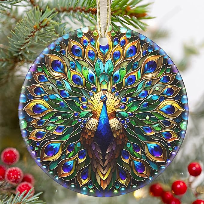 Ceramic Peacock Hanging Ornament - Christmas Tree Decor - Gifts for Peacock Lovers