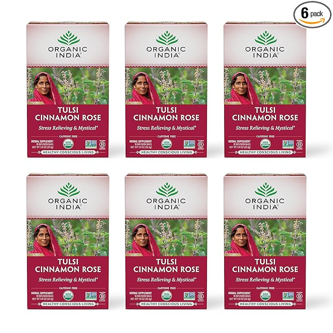 Organic India Tulsi Cinnamon Rose Herbal Tea - Holy Basil, Stress Relieving & Mystical, Immune Support, USDA Certified Organic, Supports Sugar Metabolism, Caffeine-Free - 18 Infusion Bags, 6 Pack