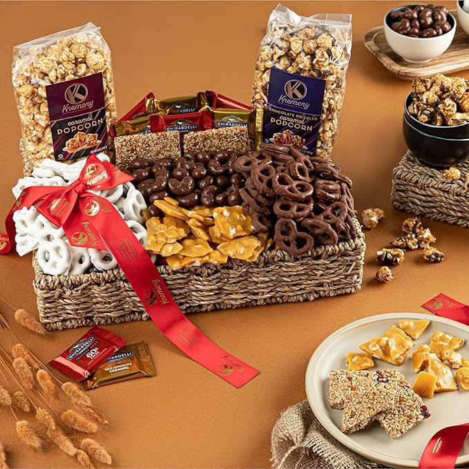 KREMERY Creamy Chocolate Cravings - Diwali Sweets Hamper Chocolate Covered Pretzels & Caramel Popcorn Gift Basket, in Seagrass Tray + Ribbon (Deluxe, 3.5 lbs) Food Arrangement