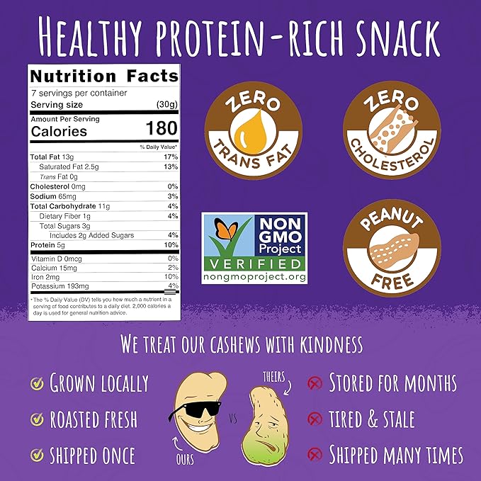 Sunshine Nut Company Whole Roasted Lightly Salted Cashews, Sugar and Spice Flavor, 6 Pack, 7 oz. Each, Gluten Free, Peanut Free and Vegan Individual Snack Packs for Kids and Adults, GMO Free