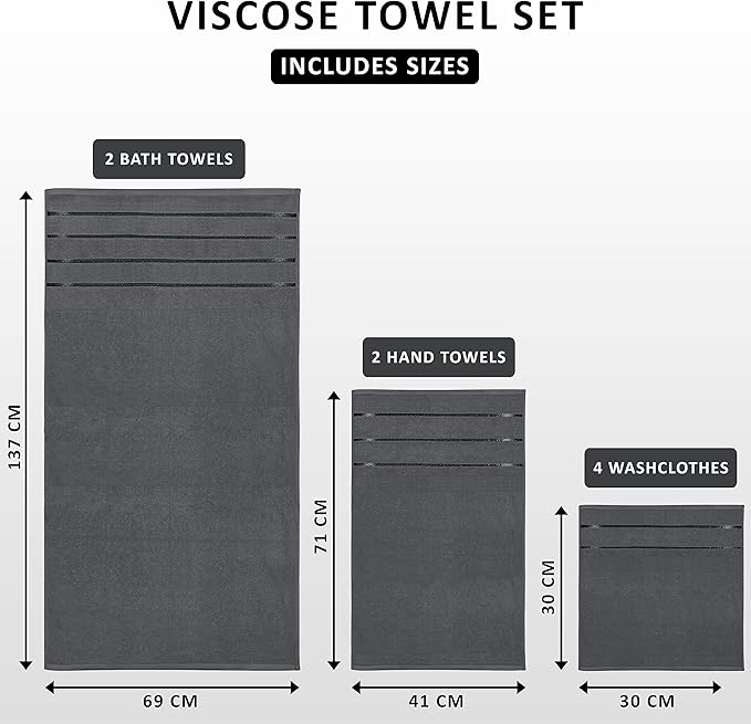 Utopia Towels 8-Piece Luxury Towel Set, 2 Bath Towels, 2 Hand Towels, and 4 Wash Cloths, 600 GSM Ring Spun Cotton Highly Absorbent Viscose Stripe Towels Ideal for Everyday use (Grey)