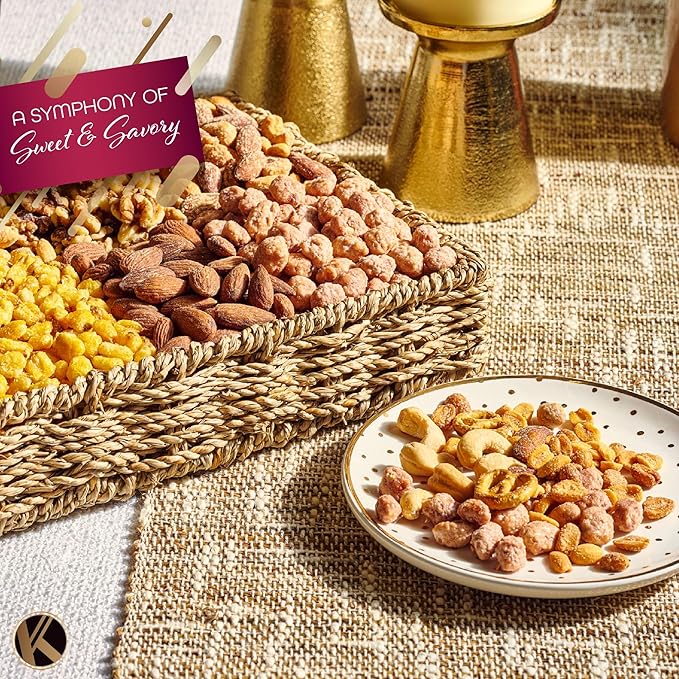 KREMERY Gourmet Nut Gift Basket - Diwali Sweets Hamper Mixed Nuts Gift Basket in Seagrass Tray with Ribbon (8 Assortments) Healthy Snack Care Package, Food Assortments