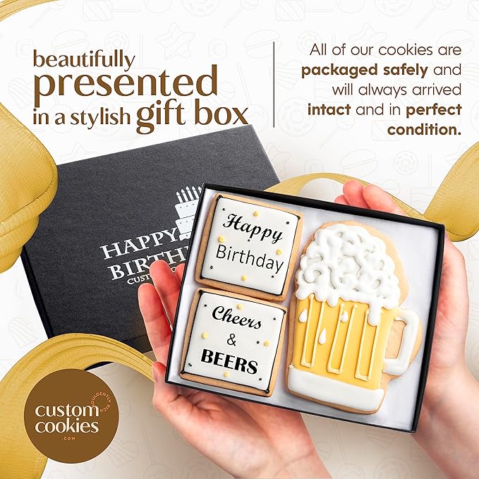 Happy Birthday Gift Basket Custom Sugar Cookies - Happy Birthday Cookies in Gift Box, delivery by Prime - Hand Decorated Kosher Treats for Men, Him, Husband - Bakery & Dessert Gifts as a Birthday Cake