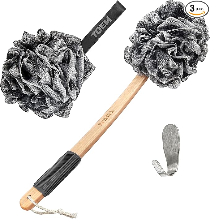 Loofah Back Scrubber for Shower | Bamboo Charcoal Fiber Infused | Loufas for Men & Women | Includes 1 Long Handled Shower Sponge, 1 Bath & Shower Luffa Pouf & 1 Hook to Hang Stuff (Slate Grey)