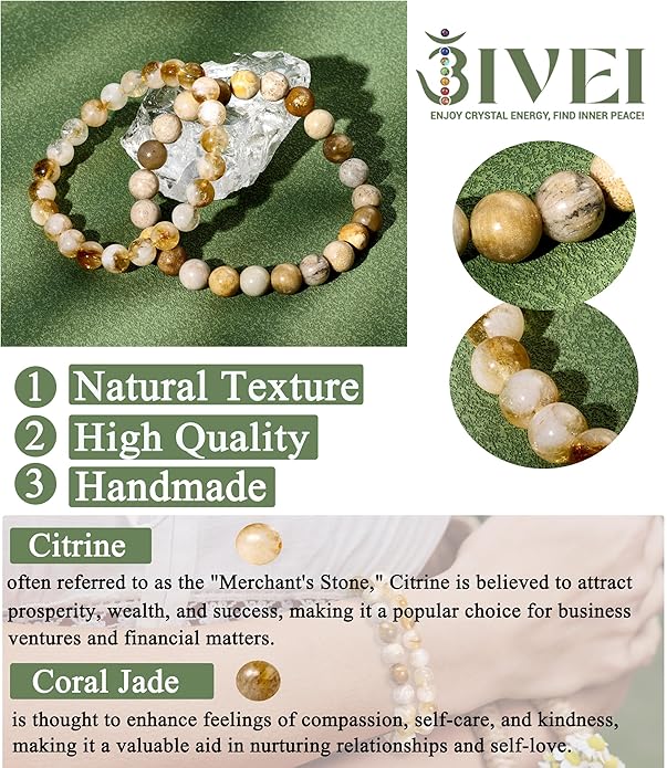 Bivei Natural Gemstone Semi Precious Healing Crystals Handmade Stretchy Round Beads Bracelet, Enhance Positive Energy