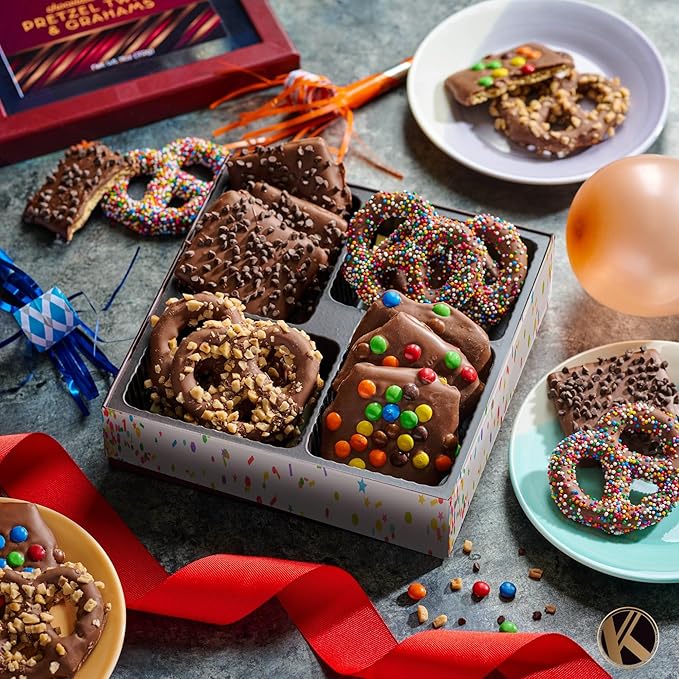 KREMERY Creamy Chocolate Cravings - Diwali Sweets Hamper Chocolate Covered Pretzel Twists & Grahams Cookies Gift Basket, in Brown Gift Box (12 Count, Assorted Sweet Toppings)