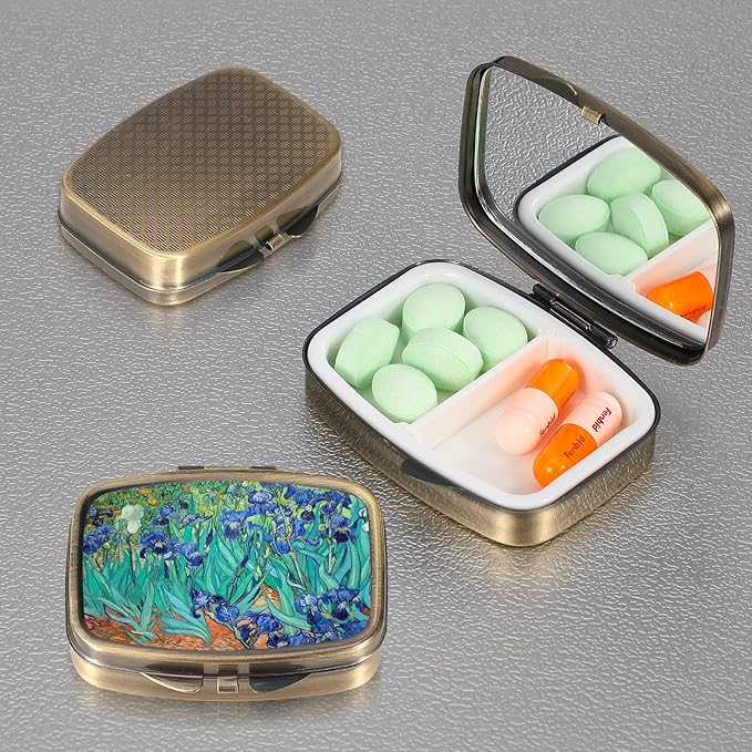 Dynippy Pill Case Pill Box with Mirror Retro Pocket 2 Compartment Medicine Case Vitamin Pill Organizer for Pocket Purse and Travel (A-Van Gogh Irises)
