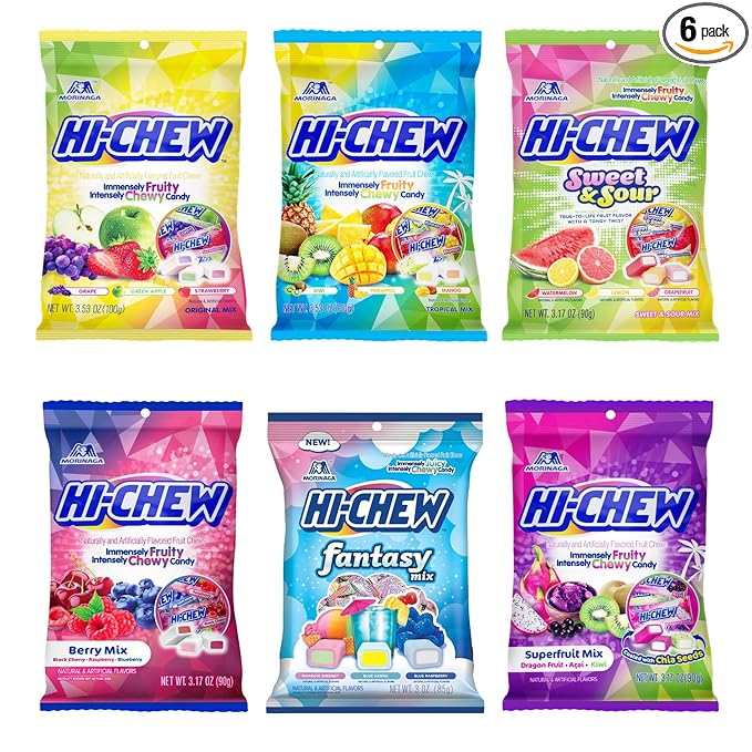 HI-CHEW Variety Mix, Pack of 6 Bags - 17 Flavor Assort Sweet and Sour Chewy Halloween Candy, Unique Fun Soft - Immensely Juicy Fruity Candy Flavors - Individually Wrapped for Sharing