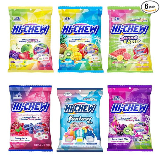 HI-CHEW Variety Mix, Pack of 6 Bags - 17 Flavor Assort Sweet and Sour Chewy Halloween Candy, Unique Fun Soft - Immensely Juicy Fruity Candy Flavors - Individually Wrapped for Sharing