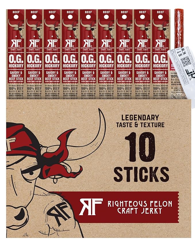 Righteous Felon Meat Sticks | 100% Beef Sticks | Gluten Free & Keto Meat Sticks | Low Sugar & High Protein Beef Sticks | Healthy Snack for Adults | Jerky Gifts for Men | OG Hickory, 10 Pack