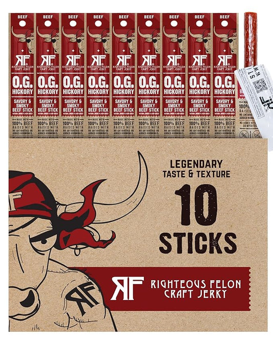 Righteous Felon Meat Sticks | 100% Beef Sticks | Gluten Free & Keto Meat Sticks | Low Sugar & High Protein Beef Sticks | Healthy Snack for Adults | Jerky Gifts for Men | OG Hickory, 10 Pack
