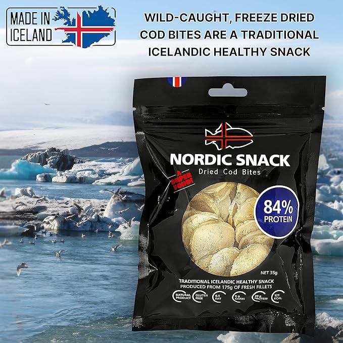 Nordic Catch Freeze Dried Cod Bites - High Protein Crisps Made From Wild-Caught Icelandic Cod Fish - Keto Protein Snacks, High Protein Chips, Healthy Snack with Omega-3s, 35g Resealable Bag - 10 Pack