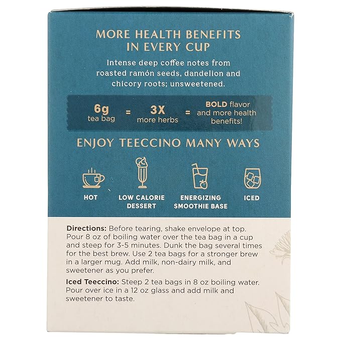 Teeccino Dandelion Dark Roast Tea - Caffeine Free, Organic, Roasted Herbal Tea with Prebiotics, 3x More Herbs than Regular Tea Bags - Gluten-Free, Acid-Free Coffee Alternative - 10 Tea Bags