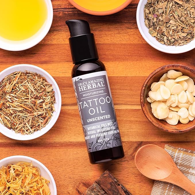 Ora's Amazing Herbal Unscented Tattoo Oil, Fragrance Free Moisturizer For Tattoos, Heal New & Brighten Old, Soothe Itch, Moisturize, Men Women, Natural Tattoo Aftercare, (2 oz)