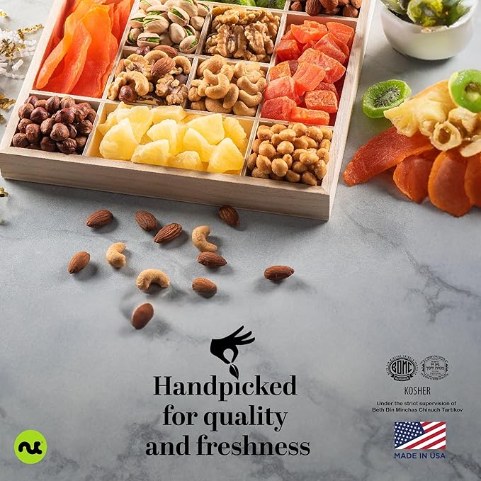 NUT CRAVINGS - Diwali Sweets Hamper Dried Fruit & Mixed Nuts Gift Basket in Reusable Wooden Tray + Ribbon (12 Assortments) Food Arrangement, Healthy Snack Care Package,