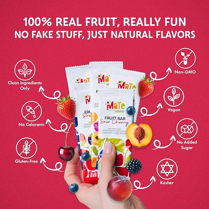 Mate Fruit Bars Variety Pack (40 Pack) - 100% Natural Real Fruit Snacks for Adults and Kids, Healthy Snacks, Fruit Leather. Gluten-Free, Vegan, No Added Sugar, No Preservatives and No Colorant