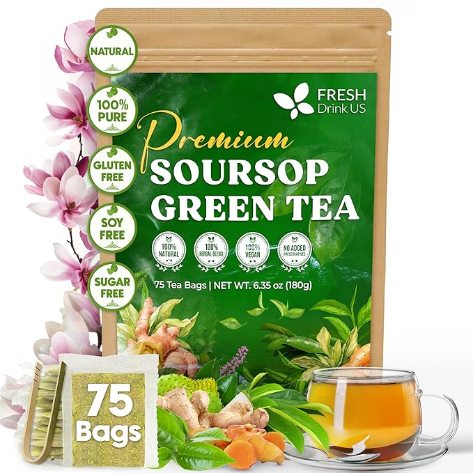 FreshDrinkUS, Premium 75 Tea Bags Soursop Green Tea, 100% Natural & Proprietary Blend from Soursop Leaves and Green Tea. Smooth Flavor. Made with Eco-Conscious Tea Bags. No Additives No Sugar, Vegan.