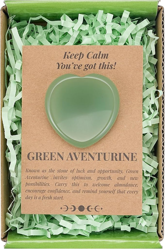 QianCannaor Green Aventurine Heart Shaped Worry Stone for Adults • Crystals and Healing Stones for Anxiety, Stress Relief, Meditation & Keep Calm • Pocket Palm Stone with Affirmation Card