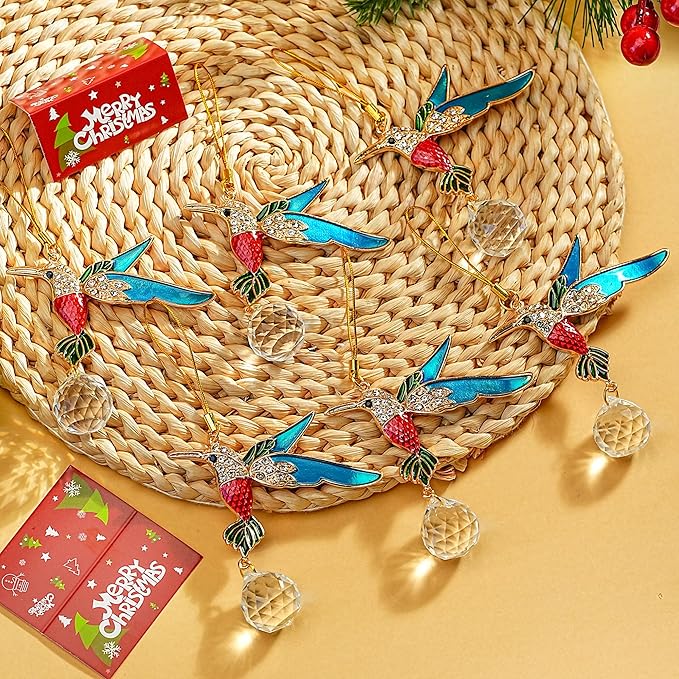 H&D HYALINE & DORA 6 Pcs Hummingbird Hanging Christmas Ornaments Crystal Hummingbird Suncatchers Shiny Rhinestones Bird Hanging Ornaments for Christmas Trees Decorations Party Favor