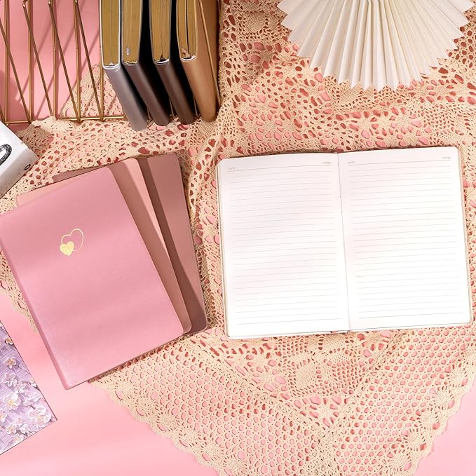 CAGIE 4 Pack Lined Journal Notebook for Women and Girls 256 Pages Cute Diary with Heart-Shaped Leather Journals for Writing A5 Soft Cover Notebooks for Work School, Pink