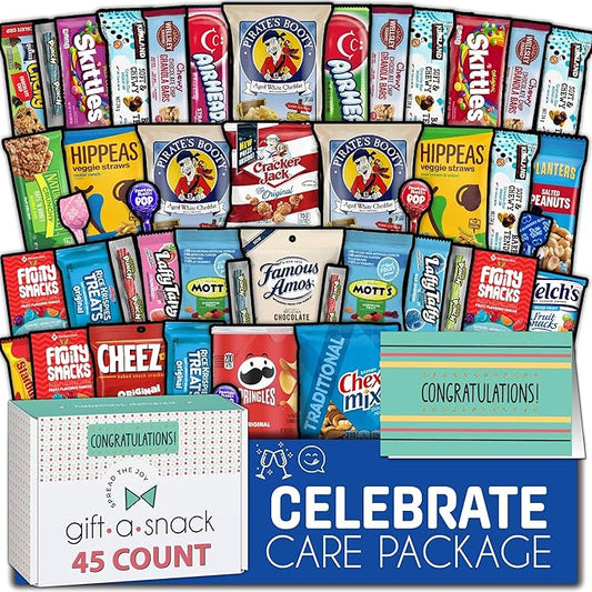 Gift A Snack - Congratulations Snack Box Variety Pack Care Package + Greeting Card (45 Count) Graduation Sweet Treats Gift Basket, Candies Chips Crackers Bars - Food Assortments